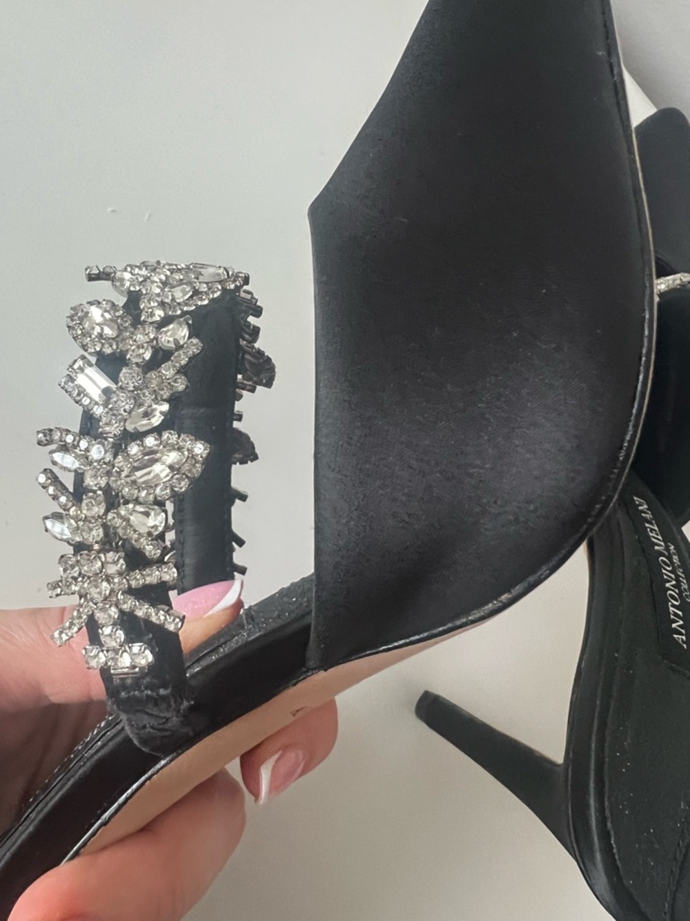 ANTONIO MELANI Black Satin Pointed Toe Heels with Crystal-Embellished Strap - Picture 7 of 10
